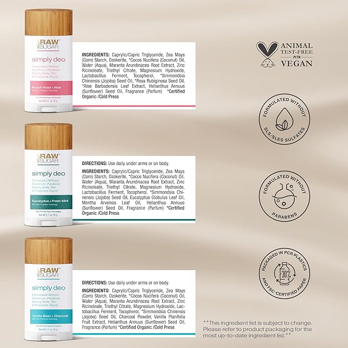 RAW SUGAR Deodorant Stick Simply Deo Variety Bundle (Pack of 3) Whole Body Deodorant for Women &amp Men Clean Formulated without Aluminum Baking Soda Talc &amp Parabens Variety Pack