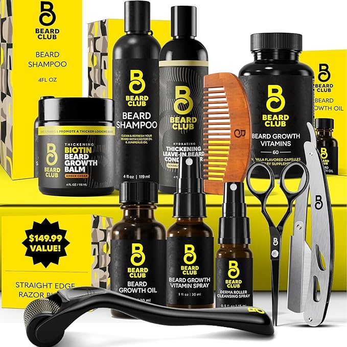 The Beard Club Titanium Beard Growth Kit - Derma Roller Growth Oil Vitamins Vitamin Spray Biotin Balm Thickening Conditioner Shampoo Straight Razor Scissors Comb Cleansing Spray - Gift Set