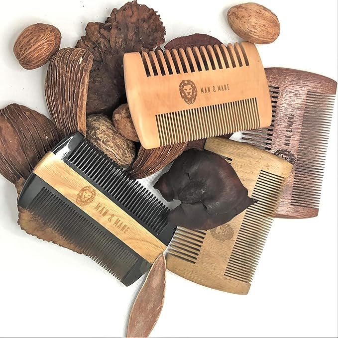 Premium Natural Ox horn and Sandalwood Beard Comb Dual-Action | Double Sided Beard &amp Mustache Comb with Black Protective Case | Perfect Grooming Companion &amp Gift for Men – by Man &amp Mane