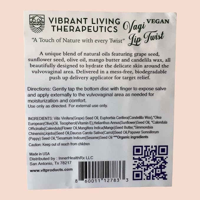 Vegan VagiLipTwist Menopause Balm by VLT| Hormone-Free Beeswax-Free External Vaginal Moisturizer for Menopause Dryness| Plant-Based Intimate Balm| Eco-Friendly Paper Push-Up Tube|