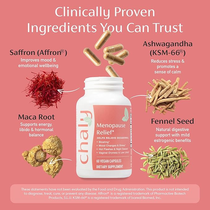 Chaly Menopause Supplements for Women with Ashwagandha KSM 66 and Saffron | Hot Flash Bloating Libido Vaginal Dryness Stress and Mood Support Supplement | Menopause Relief Supplements | 60 Count