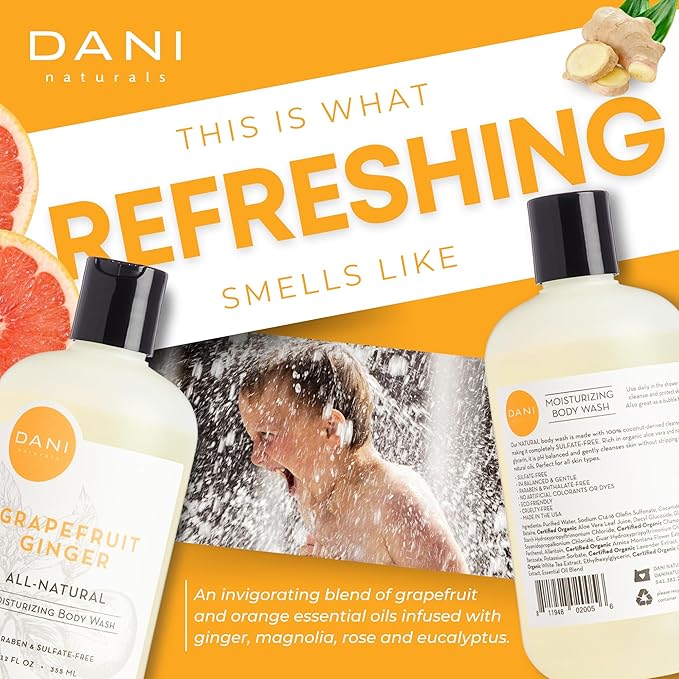 DANI Naturals Moisturizing Body Wash - Grapefruit Ginger Scent Organic Aloe Vera &amp Glycerin Sulfate-Free Vegan pH-Balanced 12 oz - Refreshing Moisturizing Shower Gel for Soft Skin