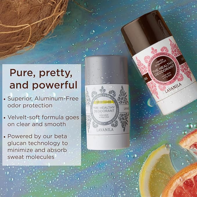 Lavanila Aluminum Free Natural Deodorant for Girls Vanilla Grapefruit + Sport Luxe (2oz Each) - The Healthy Deodorant - Solid Stick Vegan