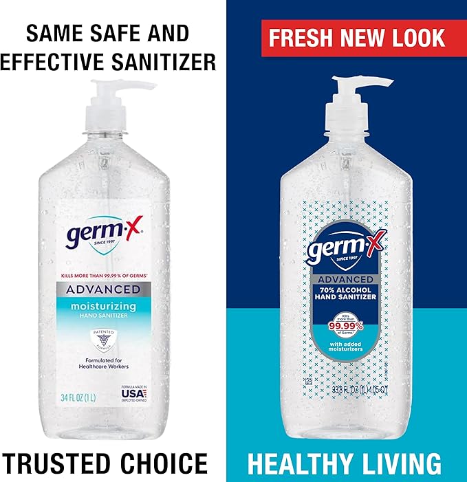 Germ-X Advanced Hand Sanitizer Less Drying Moisturizing Clear Gel No Rinse Formula Large Family Size Pump Bottle 34 Fl Oz (1 Liter) (Pack of 4)