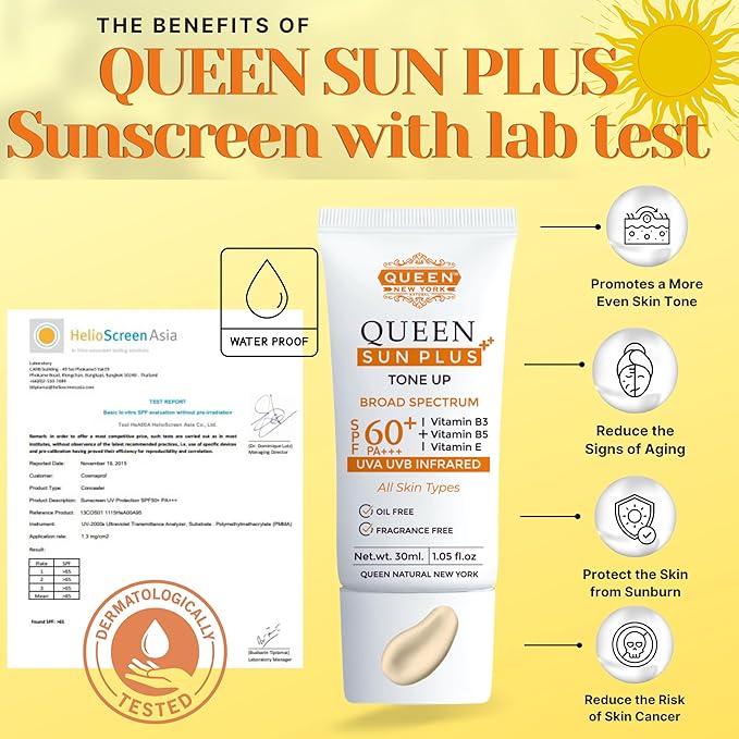 QUEEN SUN PLUS + QUEEN AM GLOW Sunscreen SPF 60 Primer-Anti Aging Face Moisturizer- Vitamin B3 B5 E- Non-Greasy Silky Touch Instant dry-oil free fragrance free by QUEEN NATURAL NEW YORK
