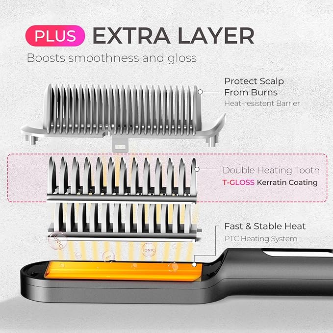 TYMO Ring Plus Ionic Hair Straightener Brush - Straightening Comb with Negative Ions for Women Titanium Coating 9 Temp Settings &amp LED Display Dual Voltage Professional Styling Tools