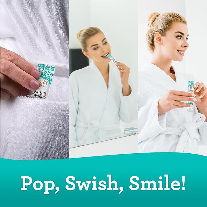 GuruNanda Travel Sachets Coconut Oil Pulling Fresh Breath Mouthwash 7 Essential Oils &amp Vitamins for Happy Teeth &amp Gums with Tongue Scraper 28 Sachets