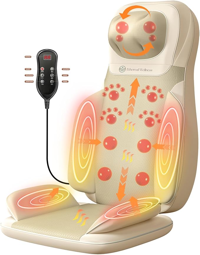 Shiatsu Massage Chair with Heat Full Back Shiatsu &amp Rolling Comfortable Massage Chair Pad for Stress Relief Gift for her/him Office and Home.White Free car Adapter Included