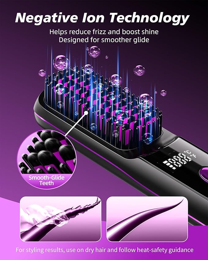 VELORIA Cordless Hair Straightener Brush with Charging Dock LED Temp Display 3 Heat Settings 320-392°F Ceramic Heated Straightening Comb Dual Lithium Battery 6000mAh Black