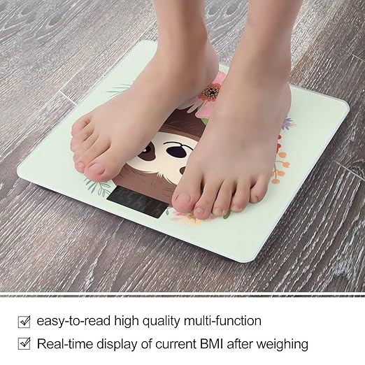 Sloth and Flowers Scale with LCD Easy-to-Read Anti-Slip Weight Digital Bathroom Scale Precision Weighing Scales Sturdy Tempered Glass Body Weight Scales for Daily Use
