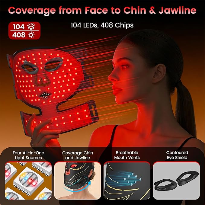 Wireless Red Light Therapy Mask for Face with 104 LEDs &amp 4 Modes – Anti-Wrinkle &amp Acne Treatment for Full Face Chin &amp Jawline Portable for Home &amp Travel Use Ideal Skincare Gifts for