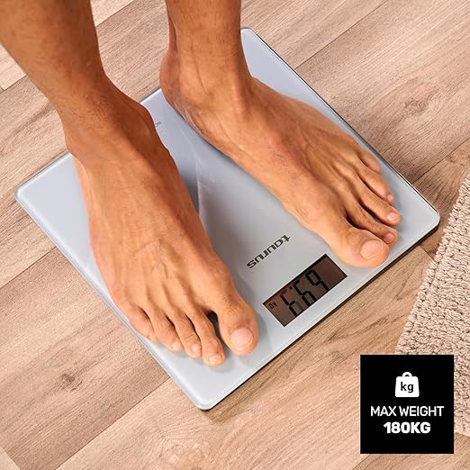 Taurus Inception Digital Bathroom Scale Slim Design 28 x 28 cm Tempered Glass Ultra Strong Glass kg/lb Easy to Read Display Max 180 kg/min 3 kg Non-Slip Feet Blue