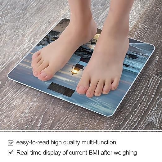 Sea Lighthouse Bathroom Scale for Body Weight with High Precision Large LCD Backlight Display Digital Weighing Scale with BMI Capacity Up to 180kg