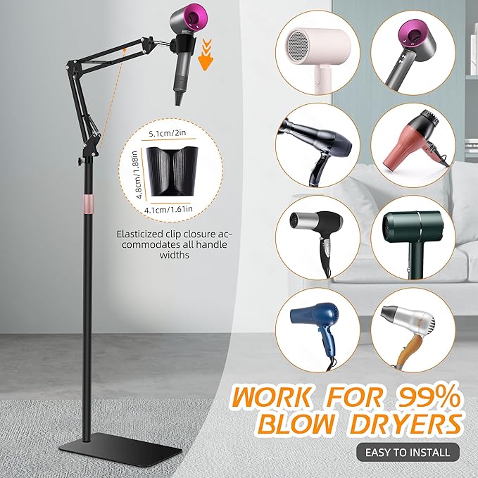 Hair Dryer Stand 1.68M Height Adjustable Hands Free Blow Dryer Holder with Heavy Base 360 Degree Rotating Work with 99% Dryers Gift for Mom Elder Frozen Shoulder - Black
