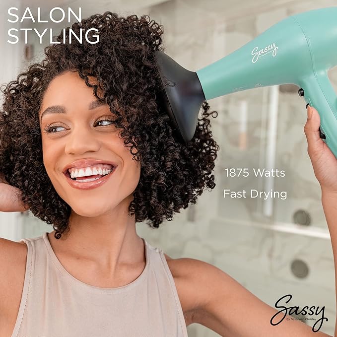 Sassy Ceramic Ion Hair Dryer 1875-Watt Salon Dryer with Concentrator and Diffuser Multiple Heat Settings and Cool Shot (Aqua)