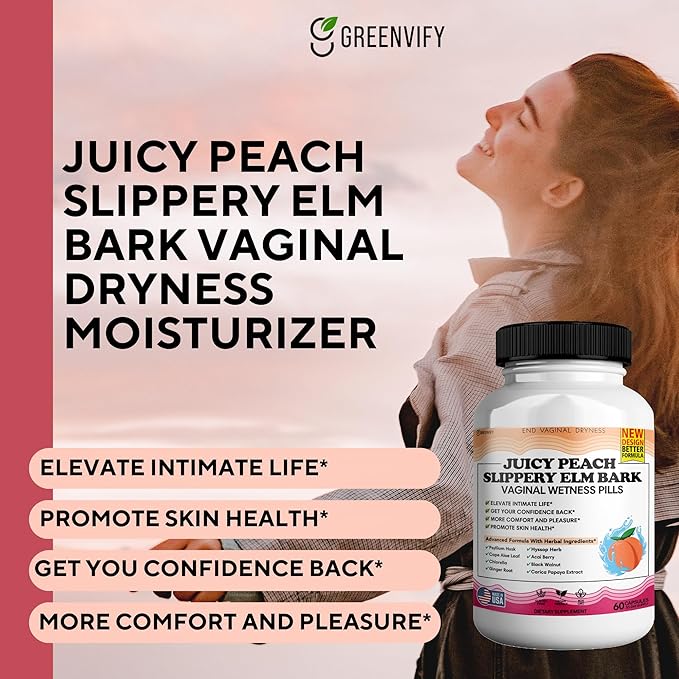 Juicy Peach Slippery Elm Bark Vaginal Dryness Moisturizer Feminine Care for Women End Vaginal Dryness with Slippery Elm Bark | Feminine Care for Vaginal Health Made in USA 180 Cap
