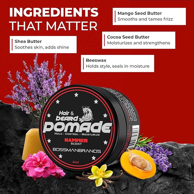 Bossman Hair &amp Beard Pomade for Men (Hammer Scent) – Medium Hold &amp Moisturizing for Hair Beard &amp Mustache Styling – Made in USA
