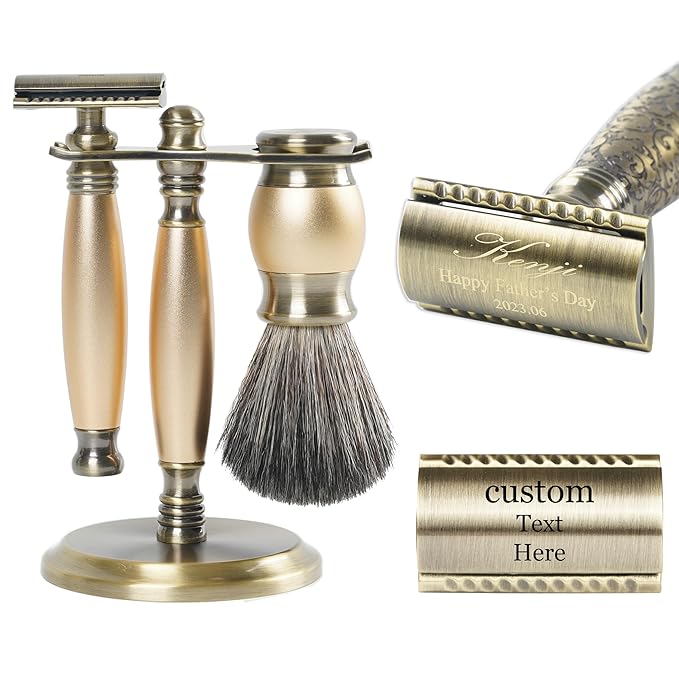 FREED Bronze Series Custom Laser-Engraved Double-Edged Safety Razor Aluminum Alloy Material Includes 120 Bladesit's the best gift for menfathers or birthdays (Bronze Gold)