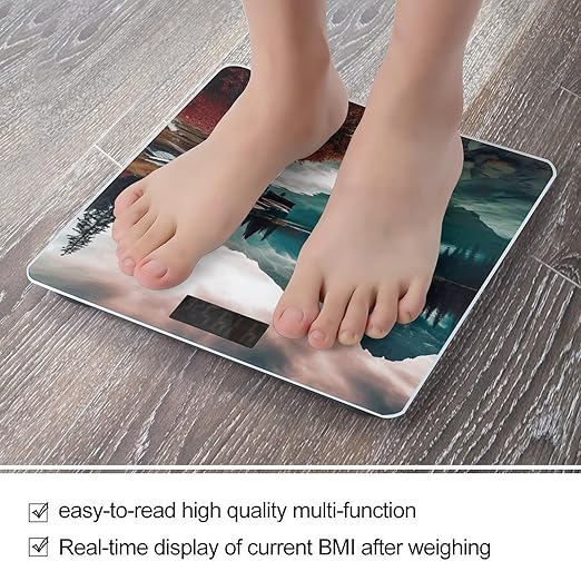 Scenic Lake Scale for Body Weight Anti-Slip Tempered Glass Digital Bathroom Scales Clear LCD Display Weighing Scale Safe Rounded Corners Smart Scales