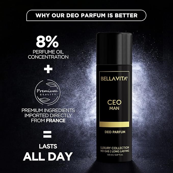 Bella Vita Luxury Ceo Man Body Parfum No Gas Spray Deodorant | Office Wear Body Parfum Deo For Men With Long Lasting Notes Of TonkaAgarwood | Premium &amp Luxury Fragrance For Men |1 Count