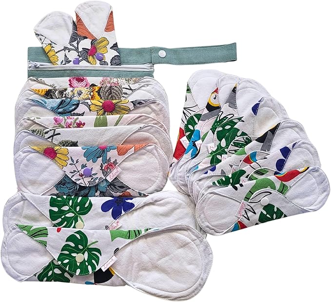 Lilind® 17 Pack Jumbo Set Organic Cloth Pads Reusable Washable Menstrual Family Cloth Zero Waste 100% Cotton Random Flowers Prints