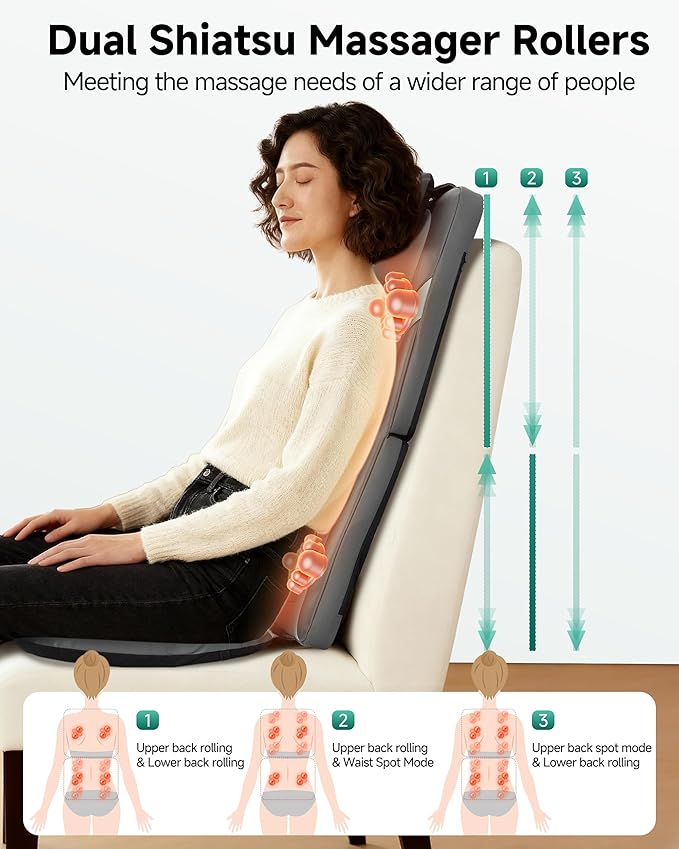 Snailax Gifts for Men Women Chair Back Massager for Full Back Pain Relief Deep Tissue Vibration Heated Seat Cushion Long Track Dual 3D Shiatsu Rollers 3 Height Settings Foldable Massage Chair Pad