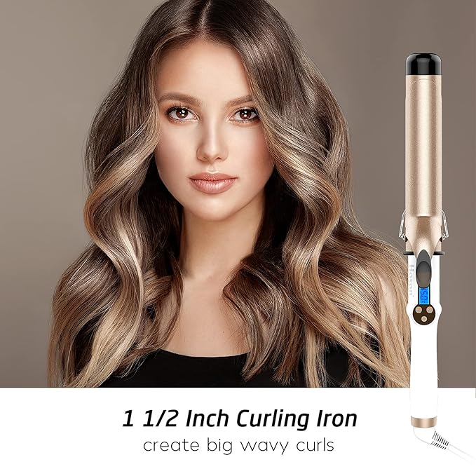 Hoson 1 1/2 Inch Curling Iron Large Barrel 1.5 Inch Long Barrel Curling Wand Dual Voltage Ceramic Tourmaline Coating with LCD Display Glove Include