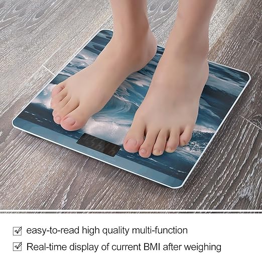 Ocean Waves Digital Bathroom Scale for Body Weight with High Precision Digital Weighing Scale with BMI Clear LCD Display and Step-On Measures Weight Up to 180kg