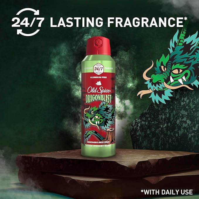Old Spice Aluminum Free Body Spray for Men 24/7 Odor Protection 24/7 Lasting Fragnance &amp Freshness Cologne Quality Scent Dragonblast with Warm Woodsy Scent 5.1 oz (Pack of 3)