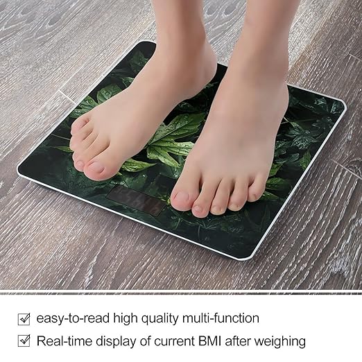 Green Leaves Pattern Bathroom Scale for Body Weight LCD Display Digital Bathroom Scale Tempered Glass Bathroom Weight Scales Fashion Smart Scales for Home Bedroom 400 Lb