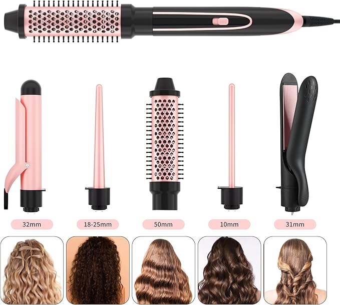 5-in-1 Curling Iron Set Including a Curling Brush Straightener and 4 Interchangeable Ceramic Curling Barrels Dual Voltage Comes with Gloves and Hair Clips (0.35–1.25 inches) Rose Gold