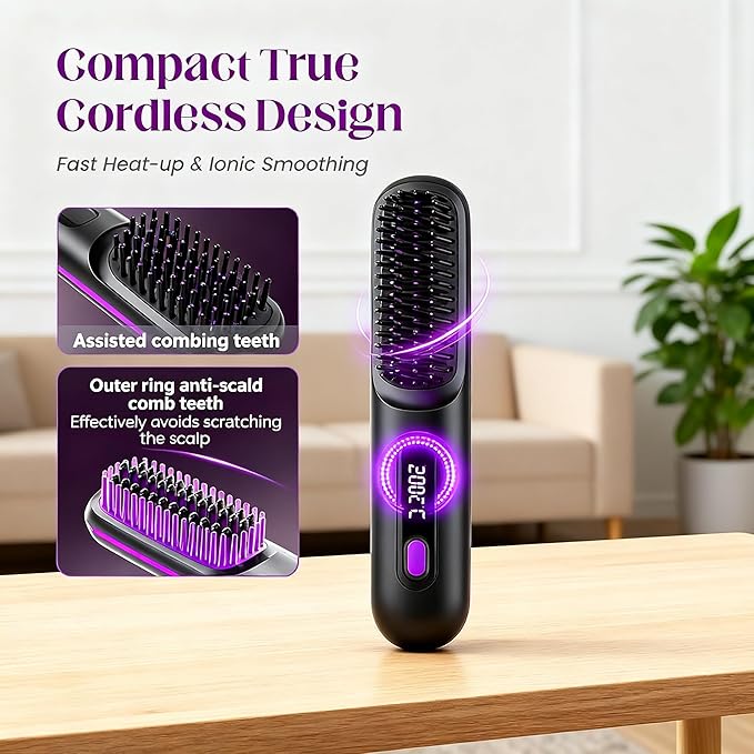 Go Brush Pro Hair Straightening Brush Portable Cordless Mini Straightener 3 Temp Auto Shut-Off Anti-Frizz Ideal for On-The-Go Styling