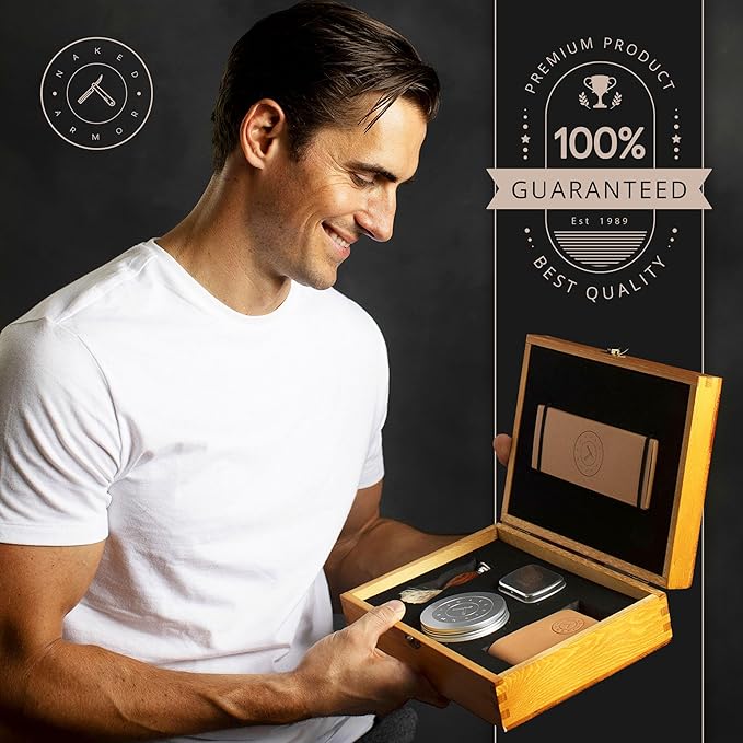 Naked Armor Damascus Straight Razor Kit - Straight Razor Shaving Kit for Men with Carbon Steel 7/8 Blade Leather Strop Organic Shave Soap Synthetic Shaving Brush Strop Paste Leather Case Gift