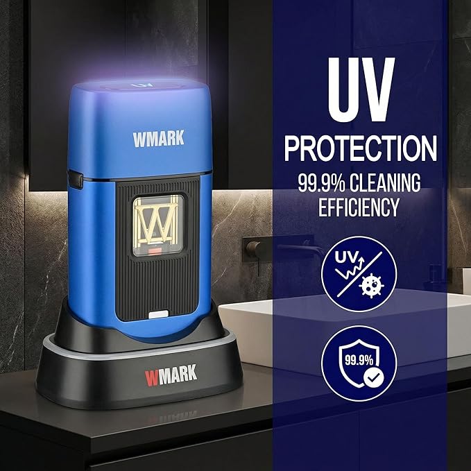 WMARK Electric Foil Shavers for Men Electric Razor for Men Cordless Beard Shaver with UV Protection Maglev Vector Motor 10000RPM Blue-Titanium 3-Blade Floating USB-C Rechargeable NG-XS1 UV