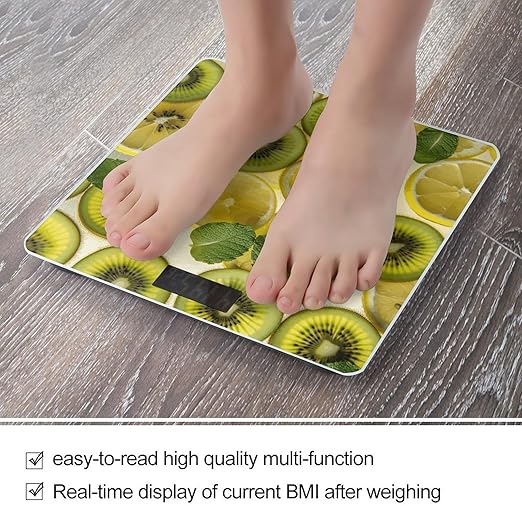 Sliced Lemon and Kiwi in Drink Scale for Body Weight Anti-Slip Tempered Glass Digital Bathroom Scales Clear LCD Display Weighing Scale Safe Rounded Corners Smart Scales