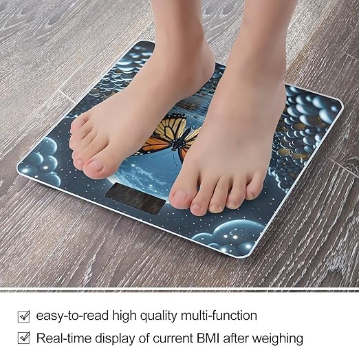 Flying Butterflies Bathroom Scale for Body Weight Bathroom Weighing Scales with Back Lit LED Display Sturdy Tempered Glass Body Weight Bathroom Scale 400lb Weighing