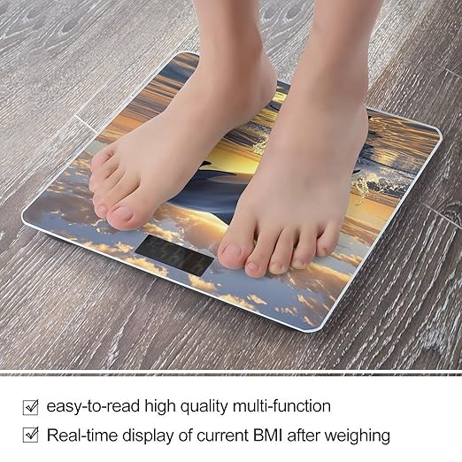 Dolphins Jumping Out of The Water at Sunset Bathroom Scale for Body Weight Bathroom Weighing Scales with Back Lit LED Display Sturdy Tempered Glass Body Weight Bathroom Scale 400lb Weighing