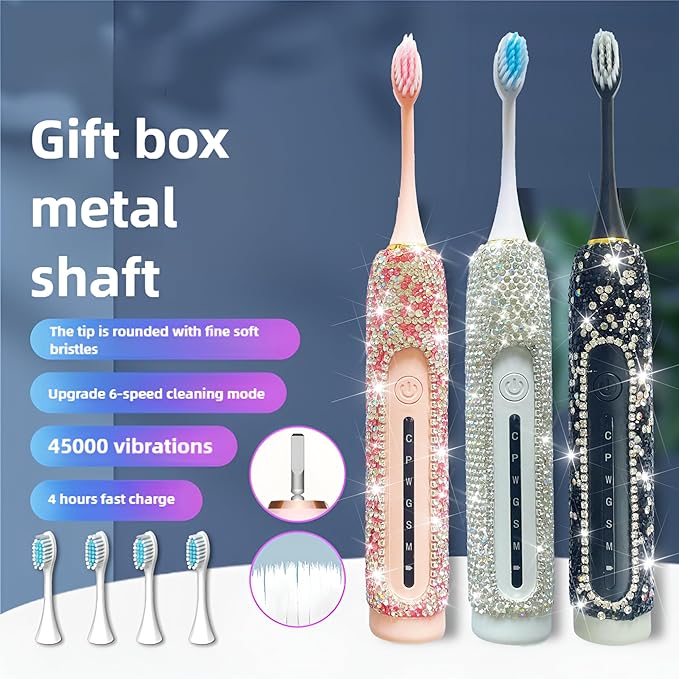 Electric Toothbrush for Woman Black Bling Diamond Decor Everyday Luxury Limited Edition Portable Travel Essentials for Women Black Toothbrush with 3 Replacement Heads 6 Modes