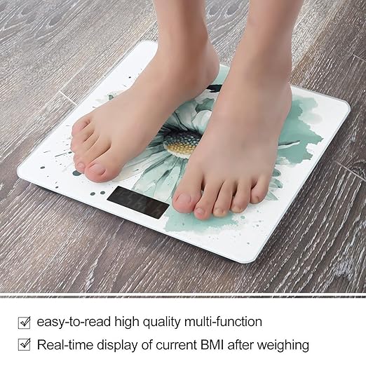 Mint Green Watercolor Daisy Scale for Body Weight Anti-Slip Digital Bathroom Scale Sturdy Toughened Glass Weighing Scales High Precision Safe Rounded Corners Smart Scales