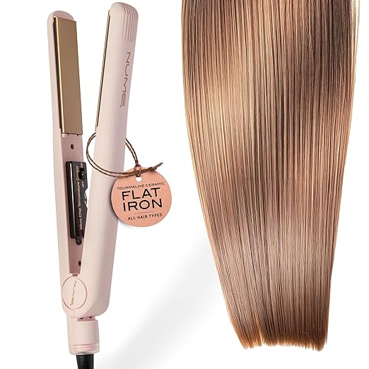 NuMe Fashionista Flat Iron - 1” Tourmaline Hair Straightener - Tourmaline Ceramic Plates - Professional Salon Hair Straightening Styling Flat Iron - Programmable Auto Shut Off - Blush