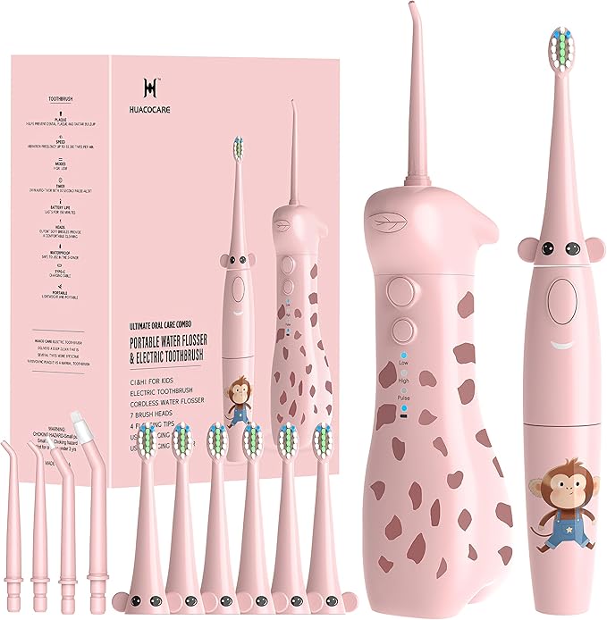 HUACOCARE Kids Water Flosser &amp Electric Toothbrush Combo | Giraffe &amp Monkey Design | 3 Gentle Modes &amp 2 Sonic Modes | All-in-One for Healthy Brushing Habits |Braces-Friendly | Gift for Boy