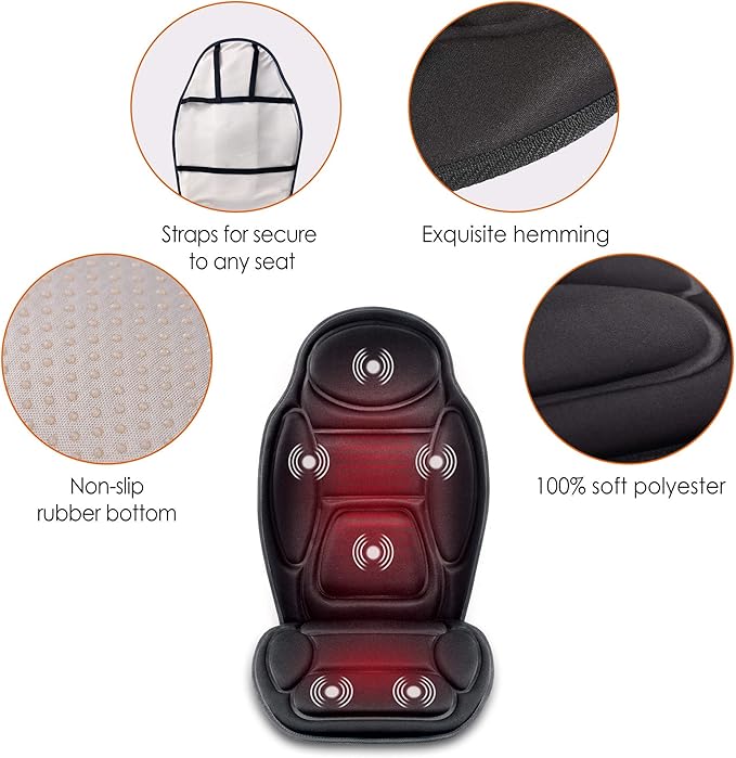 Snailax Massage Seat Cushion - Back Massager with Heat 6 Vibration Massage Nodes &amp 2 Heat Levels Massage Chair Pad for Home Office ChairBlack