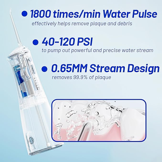 Water Dental Flosser Cordless with UVC Light 3 Modes Portable Oral Irrigator IPX7 Waterproof 300ML Tank Electric Teeth Cleaner for Tonsil Stones Home &amp Travel Use (Pink)