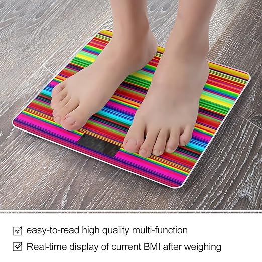 Colorful Mexican Stripes Scale for Body Weight Safe Rounded Corners Tempered Glass Digital Bathroom Scale LED Display 400lb Capacity Weight Scales with High Precision Sensors