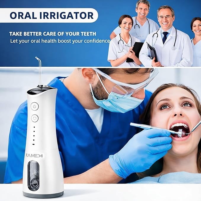 KAMEX Cordless Water Dental Flosser for Teeth Cleaning: Portable Oral Irrigator with 300ML Tank 4 Cleaning Modes Rechargeable IPX7 Waterproof Travel Water Flosser for Sensitive Gums Braces