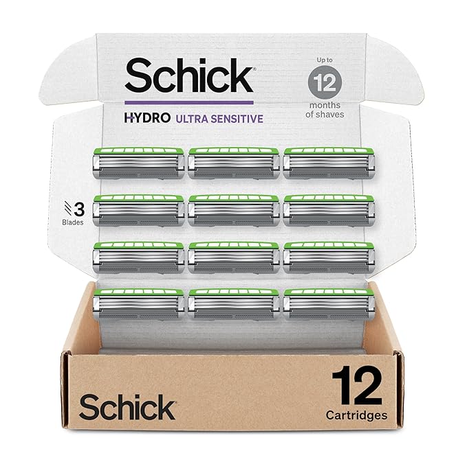 Schick Hydro Ultra Sensitive Razor Refills 12ct | 3 Blade Razor Heads for Men Shaving Blades 12 Refills (Pack of 12)