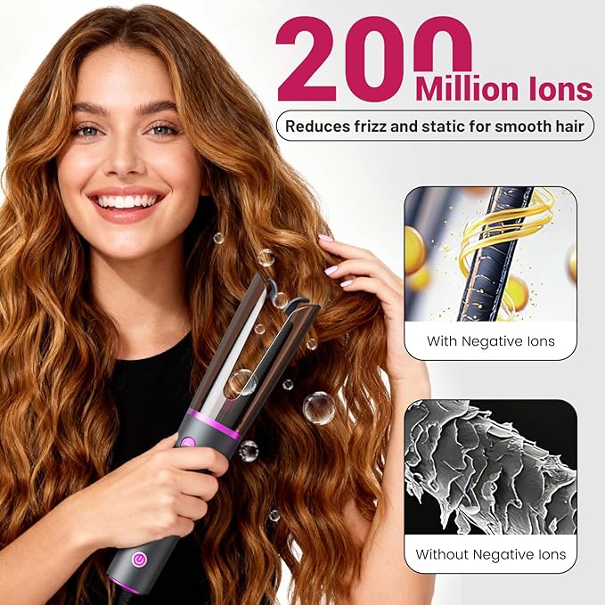 Negative Ion Automatic Rotating Curling Iron – Smart Tangle-Free Dual Voltage Anti-Scald Portable Ceramic-Coated Auto Hair Curler for Travel &amp Home Use（1inch