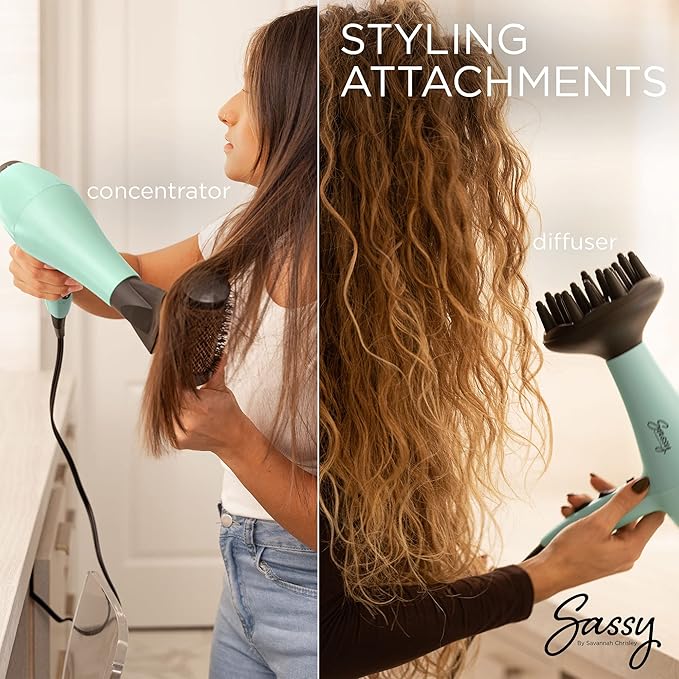 Sassy Ceramic Ion Hair Dryer 1875-Watt Salon Dryer with Concentrator and Diffuser Multiple Heat Settings and Cool Shot (Aqua)