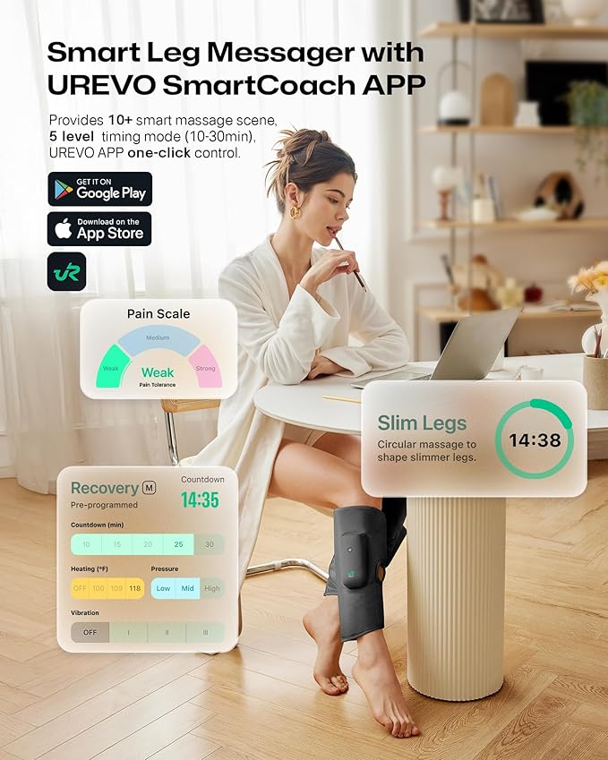 UREVO Smart Calf Massager with AI Massage Adaptation Air Compression – Cordless Leg Massager for Circulation Relaxation &amp Leg Sculpting – 3 Modes &amp 3 Intensities Adjustable Heat Long Batte