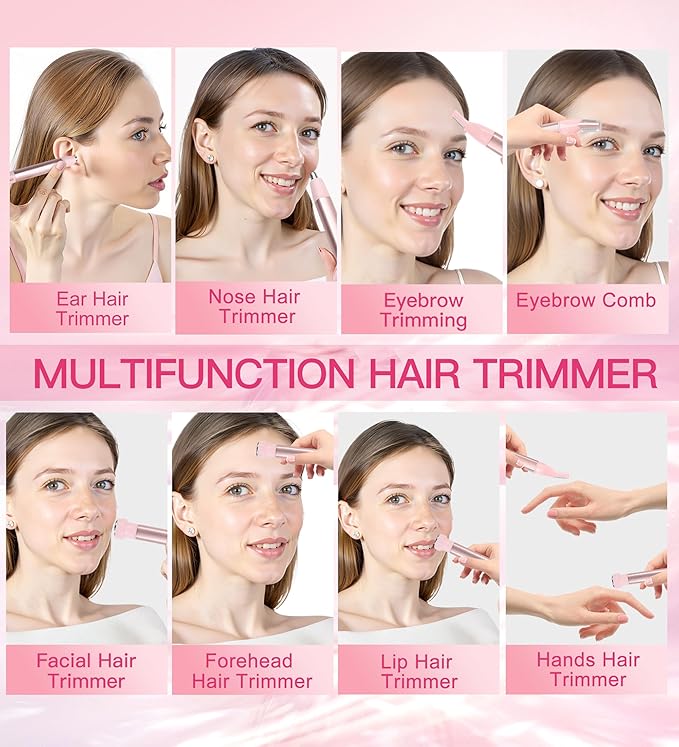 Nose Hair Trimmer for Women 3in1 Facial Hair Removal Trimmers- Rechargeable Waterproof Portable with Travel Bag- Trims Nose Ear Eyebrow Peach-Fuzz Lips Chin Face Hair Remover (Pink)